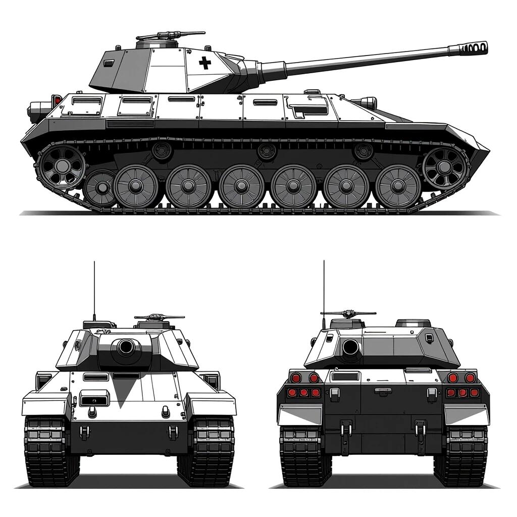 Detailed technical illustration of a World War II German super-heavy tank known as the E-100. Depicted in four views: side profile, front view, rear view, and top-down view. Black and white drawing showcasing mechanical and structural details with a long gun on an angular turret. Side profile highlights large overlapping wheels with full suspension. Front view presents a thick sloped glacis plate with a central gun. Rear view illustrates engine exhausts and access hatches. Top-down view displays turret layout and rear engine components. Style is schematic and blueprint-like as used in military manuals.