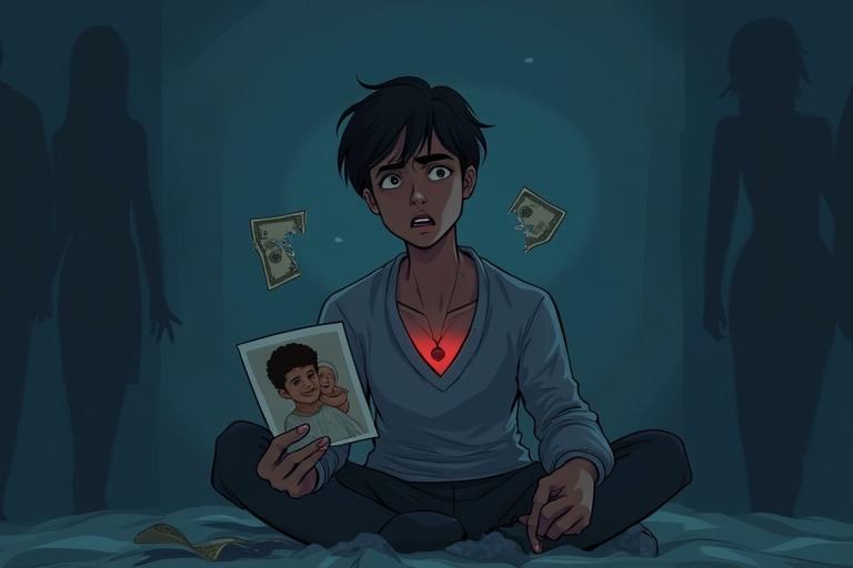 Symbolic digital illustration of a young adult sitting alone in a dark room holding a torn family photo. Background is dim with ghostly silhouettes of parents. The person's expression shows anger and sorrow. Torn photo shows a child and a smiling mother with the mother’s half burned away. Money or debt papers float around. Muted color palette with cold blues, grays, and a touch of red near the heart.
