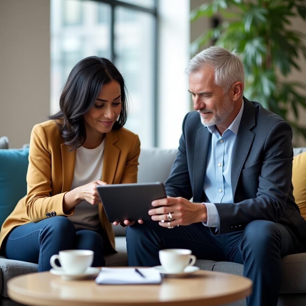 Professional consultant and client meeting in office lounge. Consultant shows data on tablet. Client nods in agreement. Coffee cups and notebook on table.