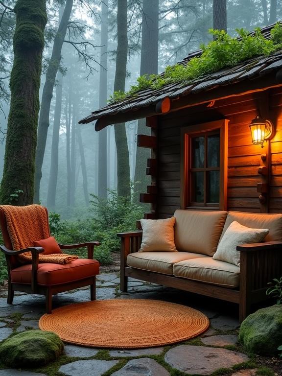 Image of a cozy forest cabin with seating area. Rustic wooden cabin with weathered brown wood. Shingled roof covered in greenery. Warm wall-mounted lamp illuminating space. Surrounded by tall trees and mist, creating a fairy-tale atmosphere. Featuring a low-back wooden sofa with beige cushions and terracotta blanket, an armchair with deep terracotta upholstery, and a simple wooden chair. A circular earth-toned rug adds warmth to the stone path.