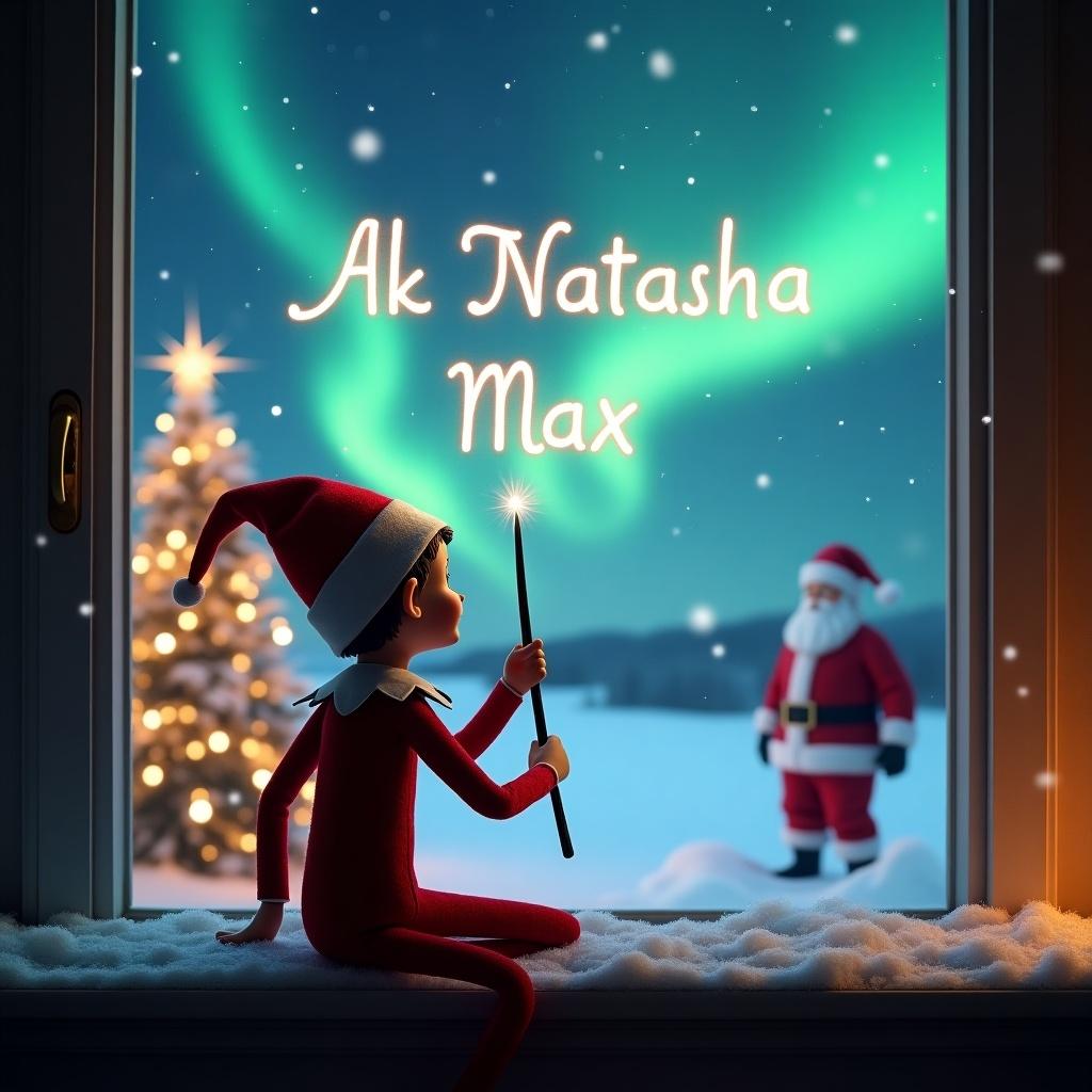 An enchanting Christmas scene features an elf on the shelf with his back to the viewer, gazing up at a magical sky. The elf is using a wand to elegantly write the names 'Natasha' and 'Max' in the air. In the background, the landscape is illuminated by beautiful northern lights and adorned with a Christmas tree sparkling with lights. Santa Claus is visible in the distance, creating a whimsical and festive atmosphere. Snow gently covers the window ledge, adding to the cozy feel of the scene.