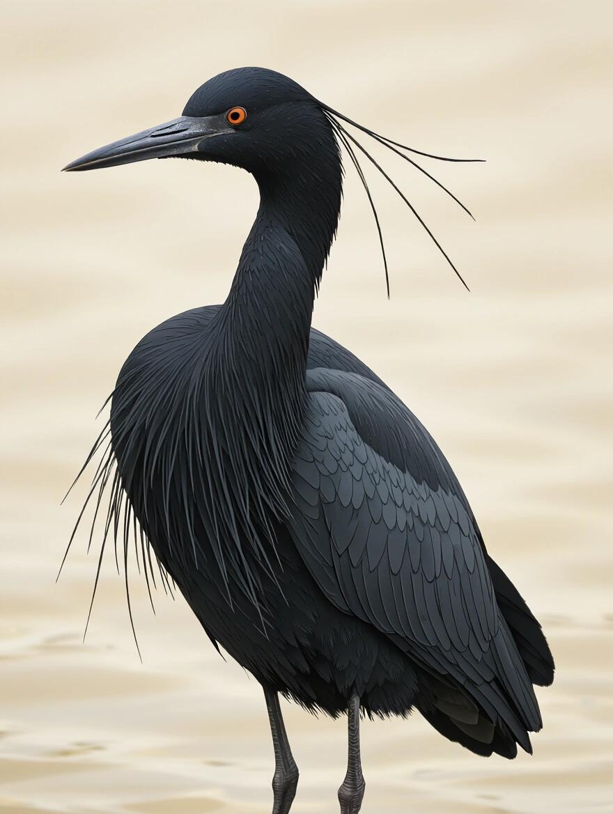 Ibis with heron body in side profile. Solid black color. Captured in front of a smooth water surface.