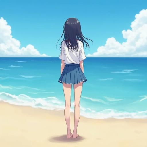 A Japanese girl is standing on a beach. She wears a miniskirt and a t-shirt. The sea is visible in the background. The sky is clear with fluffy white clouds.