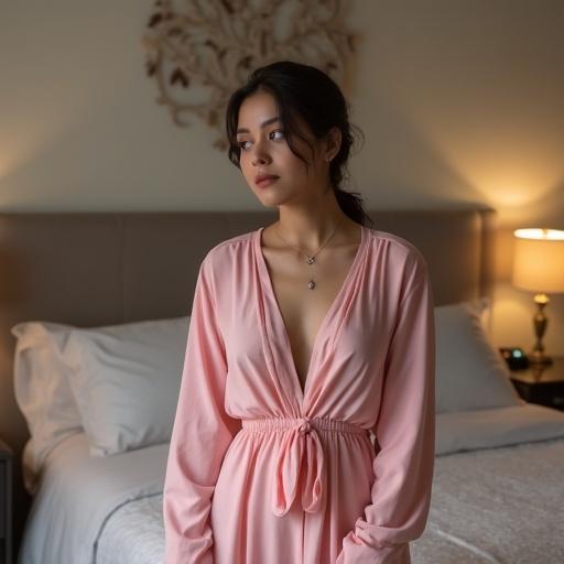 Dreamy photograph of a young woman wearing a pastel pink dress in a cozy bedroom.