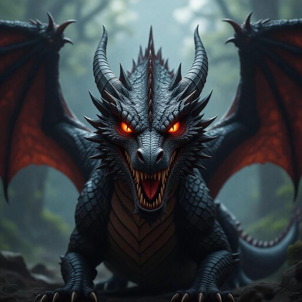 Photo of a fierce looking dragon with red eyes, black scales, large wings and sharp teeth