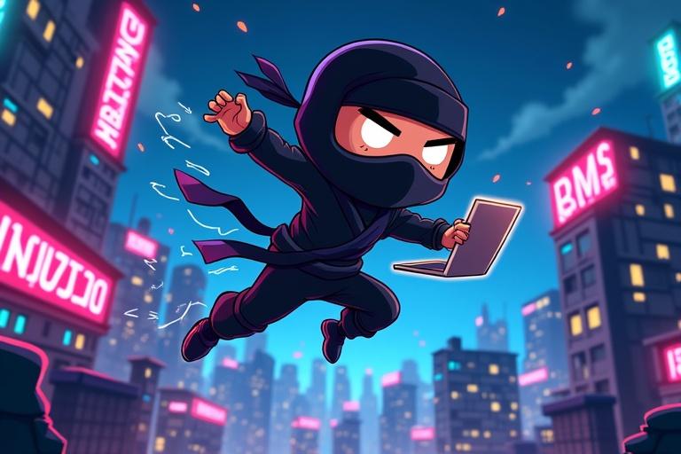 Cartoon-style YouTube thumbnail features an adventurous ninja coding theme. Text 'Code Like a Ninja!' in glowing neon at the top. Ninja dressed in black leaping with a glowing laptop. Nighttime cityscape in background with pixelated skyscrapers and neon signs. Floating code symbols around ninja. Action lines and spark effects to show speed. Dark, vibrant color palette with blues and purples.
