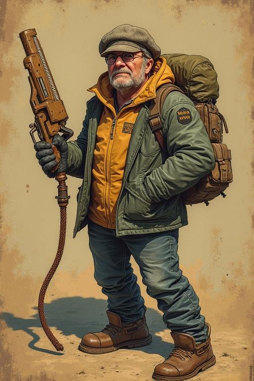 Concept art of a character representing the meme coin occupation. Character has grey hair and glasses. Wearing a green jacket with layered clothing. Holds a futuristic weapon and has a large backpack. Setting is outdoor with a vintage background.
