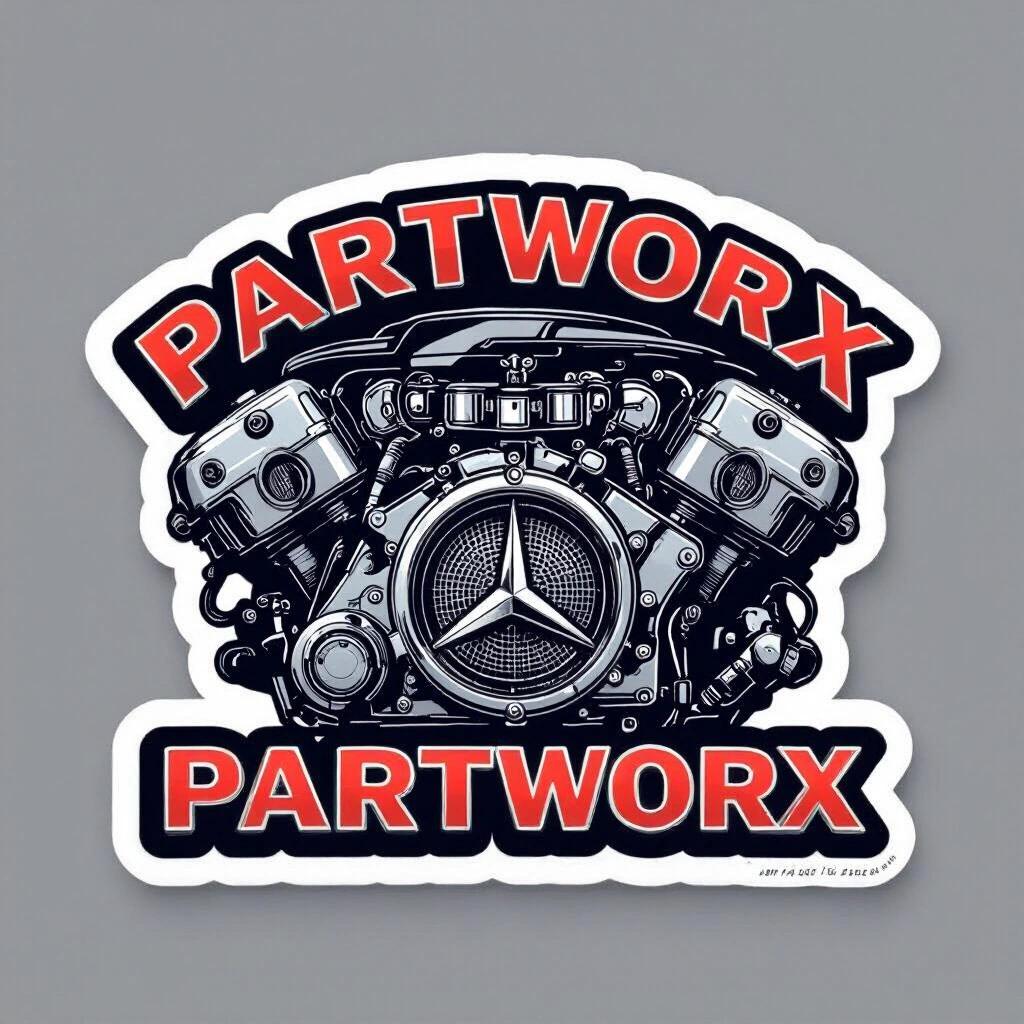 Sticker design featuring the brand name Partworx. Illustration of a Mercedes Benz engine. Bold lettering with black and red colors. Emphasizes engine components and mechanics in the design.
