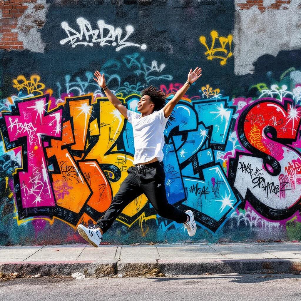 Young person jumps in front of a colorful graffiti wall. The background features abstract patterns and words, showcasing street art. Side sunlight adds warmth to the scene. The individual wears casual clothes, embodying energy and freedom. Overall atmosphere reflects creativity and potential.