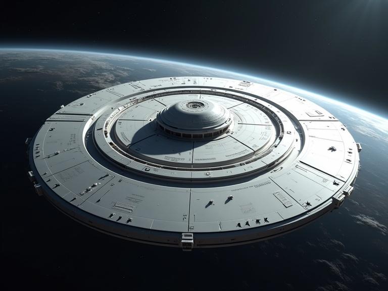 A large-scale UFO station is depicted in space. The station has a sleek and smooth design. It is 1000 feet wide with three sections. The hull texture features curvy organic lines. The planet’s atmosphere is visible in the background with detailed realism. Shadows are apparent on the station's surface. The image is in high resolution.