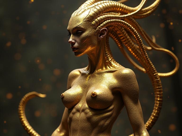 Mid shot of a muscular female figure depicting Echidna with golden skin. Hyper detailed and sensual design. Fantasy concept art with reflective surfaces. Dynamic and high-quality digital art. Symmetrical composition following the golden ratio.