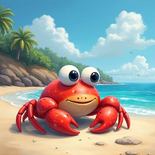 Create an image of a cartoon crab on the beach with a vibrant, playful style.