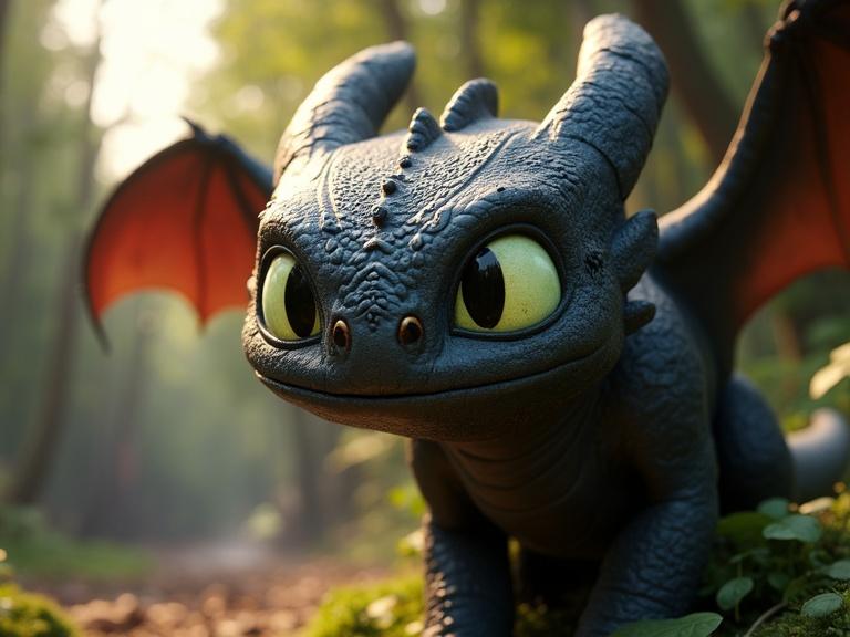 Mised media art representation of a dragon character from an animated series. Dragon is depicted in a forest with soft natural light. Close-up of the dragon's face showcasing big eyes and intricate details.