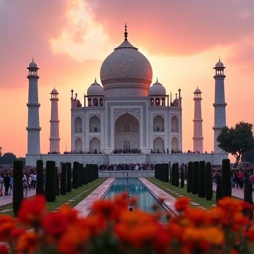 Taj Mahal with dawn light. Focal area features domes and pillars resembling a hard drive. Light beams represent data streams. Binary code hidden in marble. Soft glow around the structure. Tourists present in the scene. Foreground filled with colorful flowers.