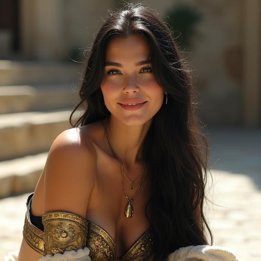 A beautiful female warrior sits on stone pavement. She has a slender figure and long black hair. The armor is fantasy-style with gold accents. Her skin glows under sunlight. She smiles gently, radiating elegance and strength. Full-body view in detailed lighting.