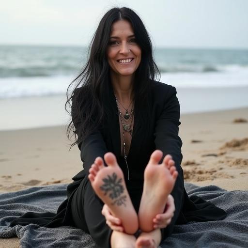 Mature goth woman with long black hair sits on blanket at beach. Tattooed soles of her feet are visible. She smiles expressing joy and comfort.