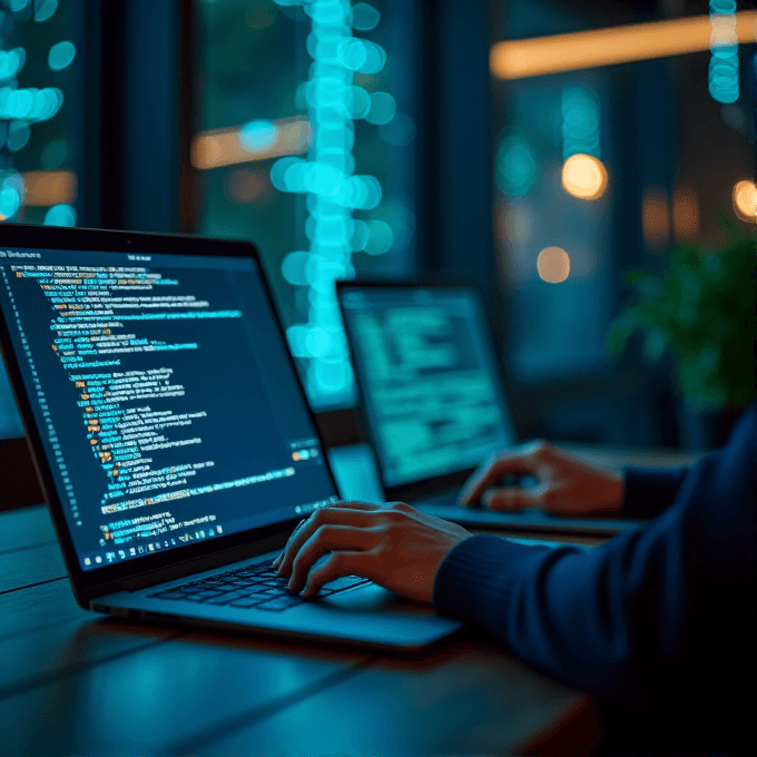 A person is typing on a laptop with code on the screen, surrounded by soft, warm ambient lighting and blurred lights in the background, indicating nighttime work.