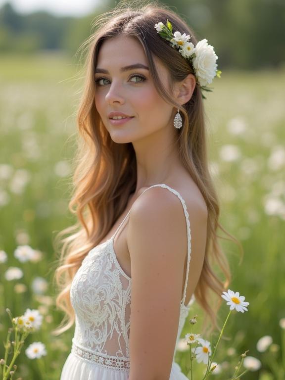 Bride wearing a sundress standing in a field of flowers