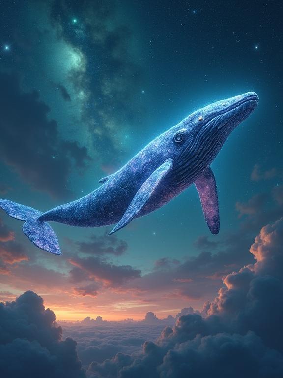 A colossal celestial whale with skin resembling nebulae swims through a luminous sky filled with glowing clouds. The horizon transitions from deep indigo to warm orange and pink. The lighting is ethereal and dramatic, highlighting intricate surface details of the whale. Wide shot composition depicts immense scale.