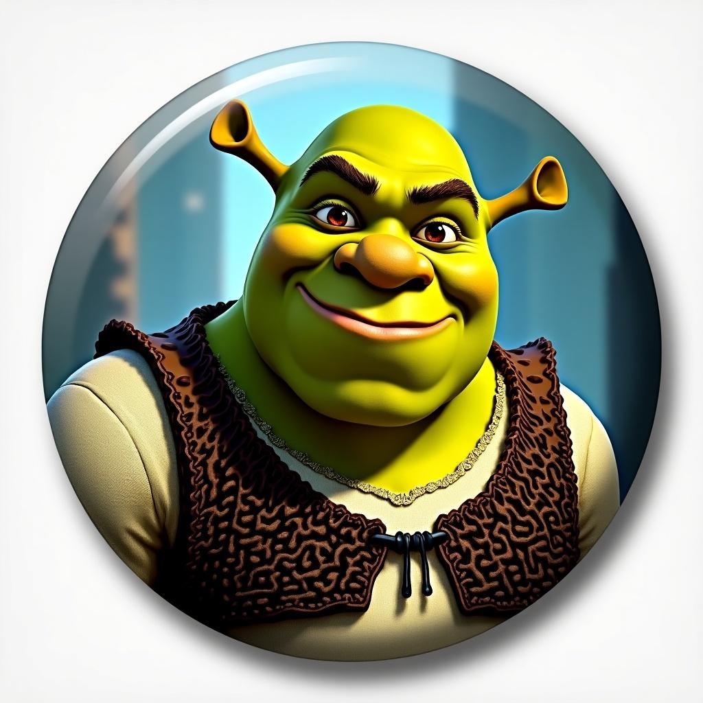 Create a badge design featuring Shrek as the main subject. The badge should be 58mm in diameter with a production area of 70mm. Use CMYK color mode for printing. The background needs to be engaging, incorporating elements from the Lords Mobile game. Shrek should be prominent, with a happy expression. Add fantasy elements that remind viewers of the Lords Mobile universe. Ensure all design elements are visible within the specified dimensions.