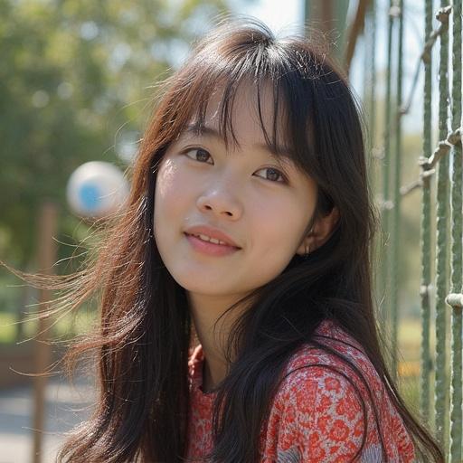 Young girl singing on stage in Osaka. She has long hair and a soft expression. Natural light enhances her features. Background suggests an urban setting.