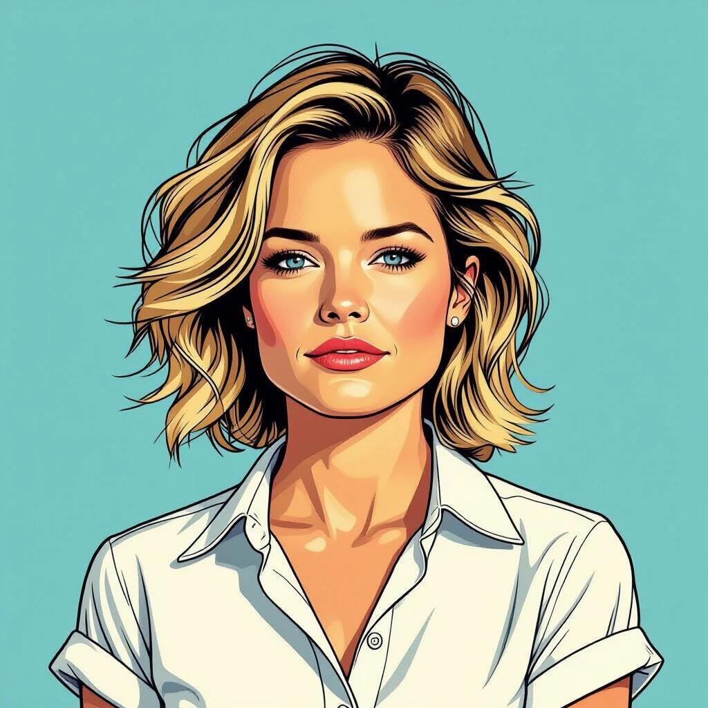 Half profile portrait shot of actress Jodie Foster. Tousled haircut with shoulder-length blonde hair on one side and cropped short at the other side. Unbuttoned and knotted white shirt with rolled arms. Looking challenging and self-confident. Comic-strip style illustration with strong contour lines.