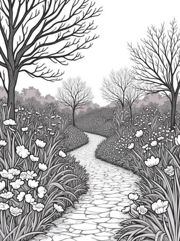 Black and white outline illustration for kids coloring. A garden scene featuring an inviting pathway surrounded by flowers and trees. Suitable for art activities.