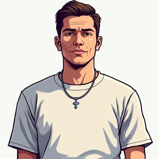 Digital illustration of a white male character facing the camera. Solid color t-shirt without accessories. Full frontal view in a Grand Theft Auto style with 4-bit color palette. No background.