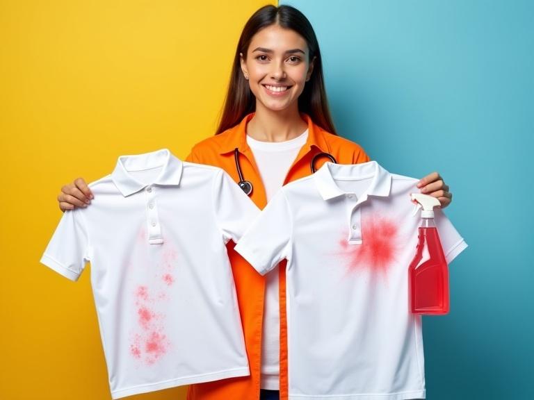 Smiling woman in orange holding two white polo shirts. One shirt is clean; the other has red stains. Bottle of cleaner labeled ShineShine is also present. Background has bright yellow and blue gradient. Focus on cleaning and maintenance products.