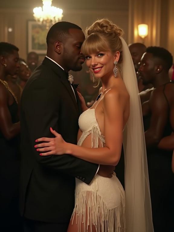 Scene in underground nightclub. Couple embraces. Taylor Swift in white fringe wedding dress. Older male black rapper. Crowd of males around them. Smiling and flushed expression. Full body shot at side angle.