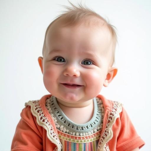 Close-up of a cute baby with a gentle smile. Baby is wearing classic European-style clothes. Focus on head, neck, shoulders, and chest. Soft natural lighting with a bright plain background.