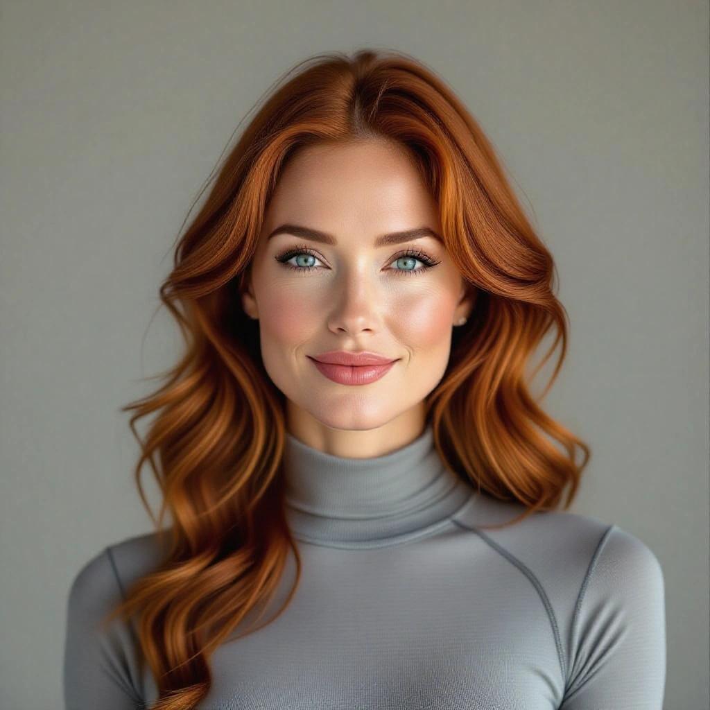 Portrait of a confident woman with long red hair and blue eyes. She has a subtle smile and is wearing a grey bodysuit. Background is a seamless grey. The lighting is even and the focus is sharp.