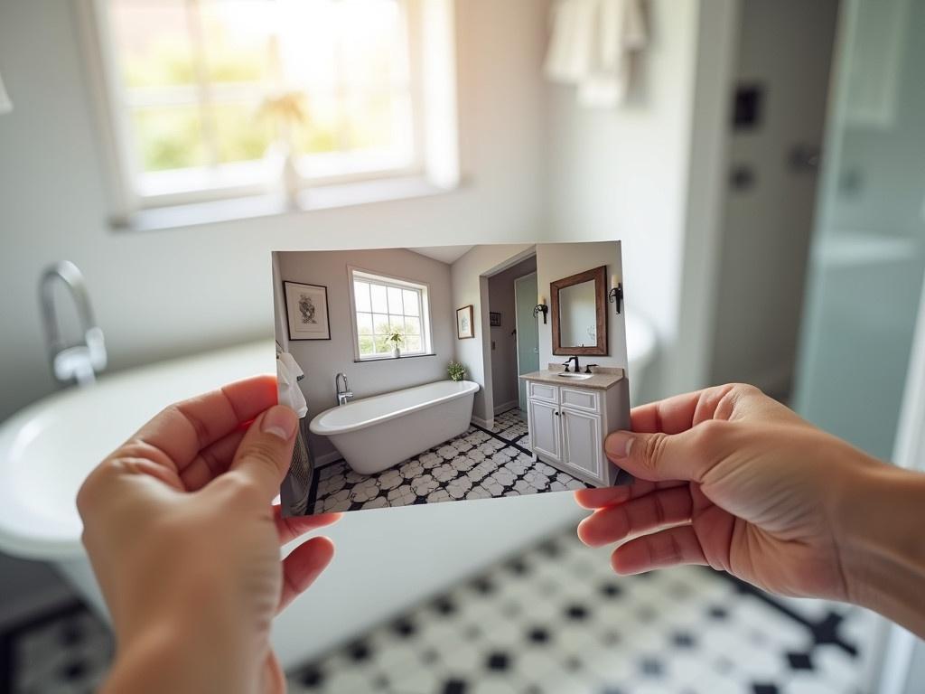 In the image, two hands are holding a printed photograph of a bathroom. The background shows an actual bathroom with a bathtub and a sink. The photo they are holding features a similar design but has a slight difference in layout or decor. The bathroom tiles are a mix of black and white, giving it a modern look. The printed image is a visual representation of their ideas for bathroom renovation or improvement. There are also some towels hanging in the actual bathroom. Sunlight is coming through a window, highlighting the clean and simple aesthetics of the space.