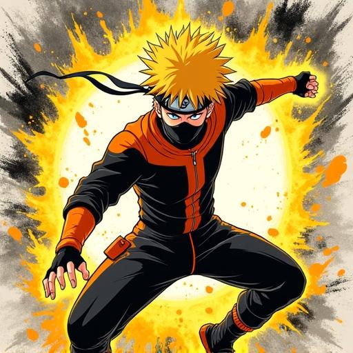 Stylized anime illustration of a ninja with spiky blond hair in a black and orange combat suit. Ninja forming glowing Rasengan orb. Background features abstract explosion of black ink strokes and bright yellow energy splashes. Art combines brushstroke technique and modern anime style. Sharp lines showcase dynamic pose with fierce expression. Energy ripples from center.
