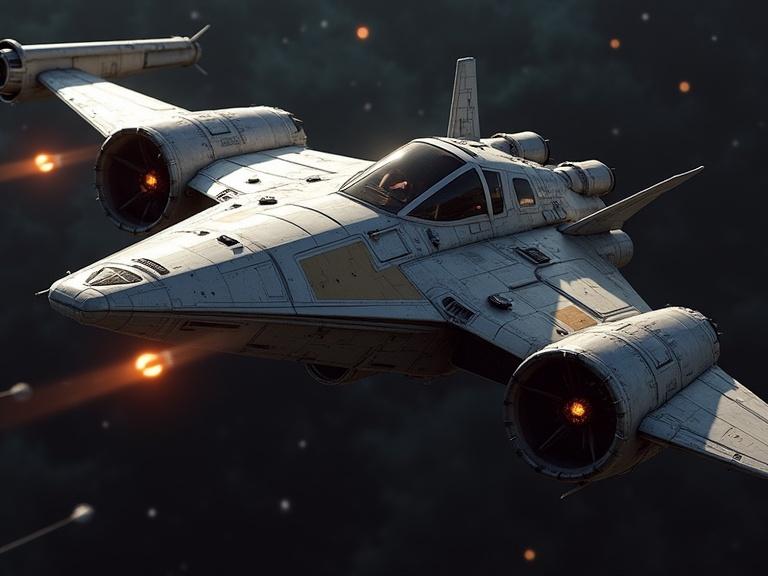 A detailed star fighter in a realistic style. The image highlights intricate textures and shadows. The star fighter is depicted with dynamic lighting effects. The composition is in high resolution with 4k quality.