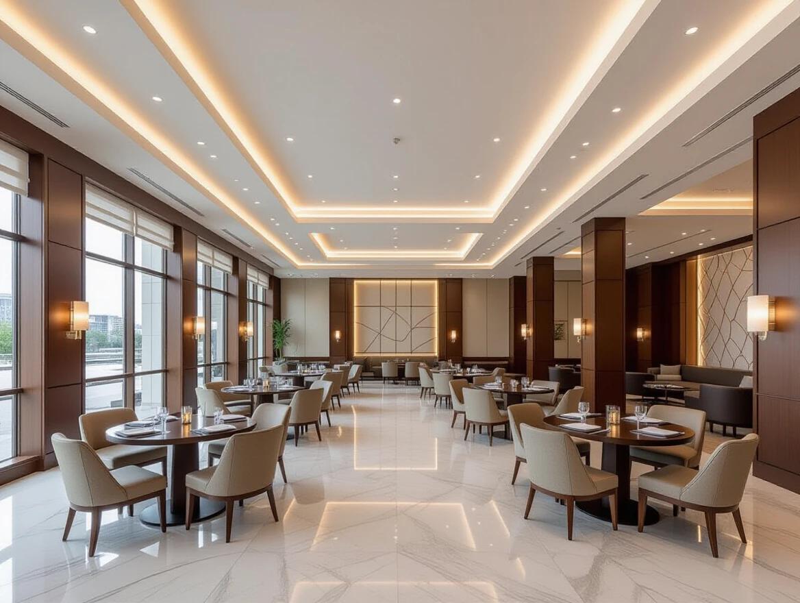 A wide luxurious multipurpose hall features modern architecture. The layout is expansive with a polished wooden or marble floor. Elegant ambient lighting enhances five round tables surrounded by chairs. The interior is spacious with large gaps between tables, clean, and uncluttered. Decor is stylish and minimal, with soft realistic lighting and a wide-angle perspective.
