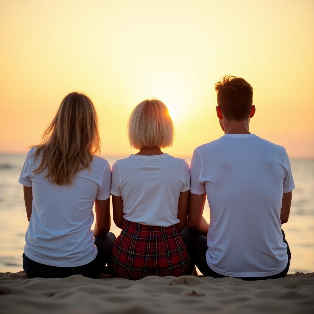 Three people sitting on the sand at a beach during sunset. They are positioned side by side with their backs facing forward. The first person is a shorter female, age 35, with blonde hair featuring brown highlights, wearing a white tee and black jeans. The second person, in the middle, is a 55-year-old woman with a skinny build and short blonde hair, the tallest among them, wearing a white top and a Scottish red checkered kilt. The third person is a male, age 32, with a short buzz cut and medium build, dressed in a white t-shirt and black jeans, taller than the first person but shorter than the middle person.