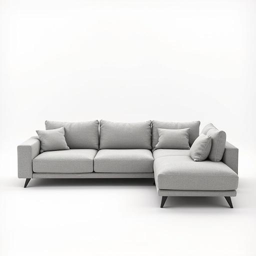 A modern gray sofa in a minimalist design. The sofa features a sectional layout with plush cushions. It appears comfortable with a clean aesthetic. Ideal for a contemporary living space.