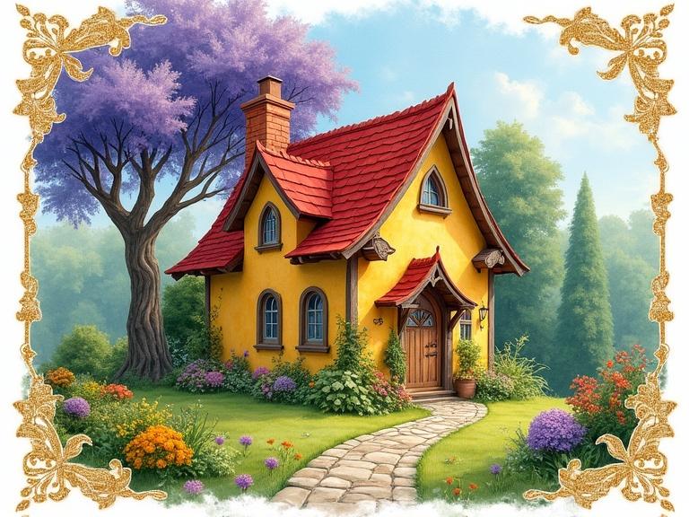 Cheerful yellow cottage with a red roof. It has a triangular attic window. Surrounded by colorful flowers and lush greenery. A winding stone path leads to the front door. A majestic purple-leafed tree stands nearby. The image has a splashy white border with ornate golden designs. It captures a fantasy landscape with vibrant colors and a cozy atmosphere.