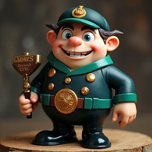 Cartoon character resembling a little soldier holding a charm weapon. He has a cheerful expression and wears a detailed uniform. The character is stylized and vibrant. The pose is friendly and approachable.