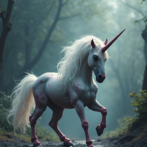 A unicorn depicted as a zombie with vivid features and a mystical setting.