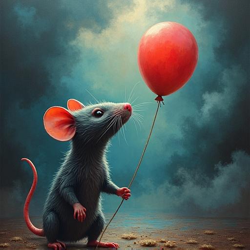 Hyper-detailed painting of a mouse holding a red balloon in a fantasy setting. The atmosphere is dramatic with stormy elements. Mouse has large ears and bright eyes, adding to its charm. Background contrasts with a colorful palette and soft lighting, enhancing the whimsical nature of the scene.