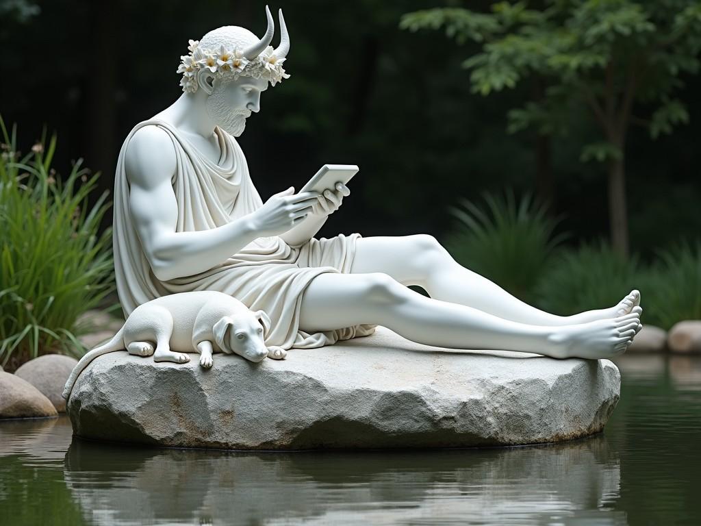 A statue of a mythological figure with horns and a smartphone, sitting by a lake, surrounded by greenery, with a dog companion.