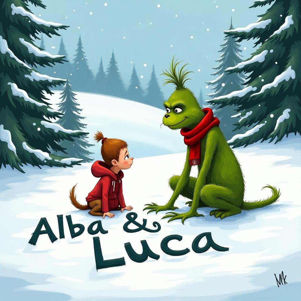 The Grinch is drawing names in snow. The scene features snow-covered hills, evergreen trees, and characters. The Grinch wears a red scarf. A child is interacting with the Grinch.