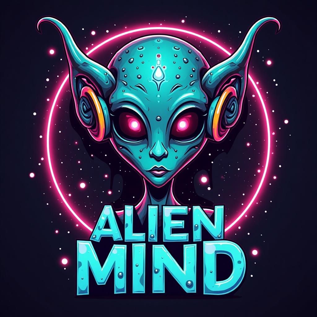 The image features a stylized alien character with a vibrant cyan skin tone and large, glowing eyes. The alien has distinctive features like oversized ears and colorful ear accessories, giving it a unique and memorable look. The background is dark, enhancing the glowing neon elements that surround the alien. The text 'ALIEN MIND' is prominently displayed below the character in a bold, modern font. The overall design is colorful and eye-catching, perfect for branding a meme coin focused on the alien theme.