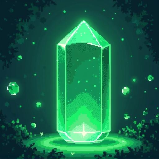 Emerald pixel art crystal glowing in a dark forest setting