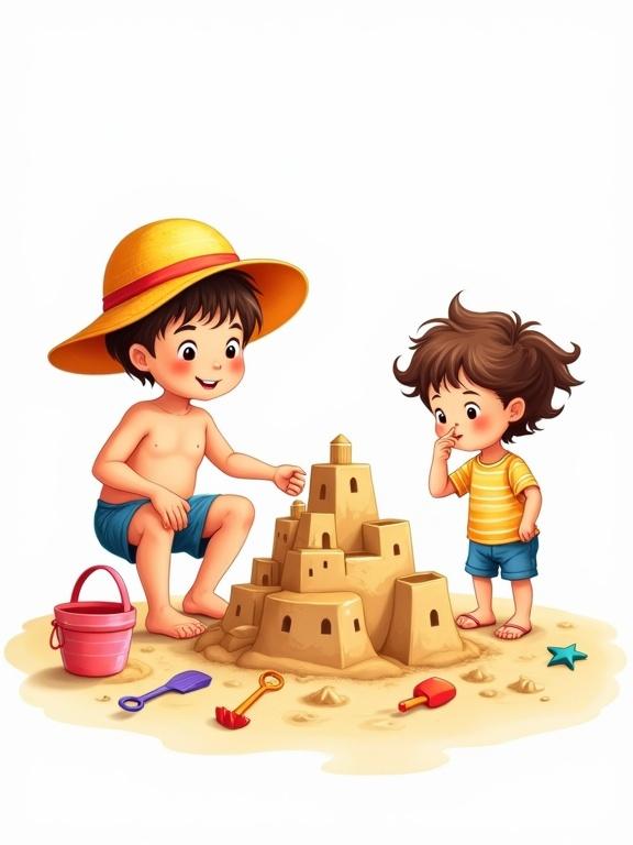 Children’s drawing style illustration with a summer vibe. Little boy in colorful beach hat builds sand castle on beach. He wears blue shorts. Little girl stands next to him picking her nose, holding a colorful bucket. Little spades and star-shaped molds lie around the castle. Dark brown outlines for easy background removal. Simple shapes, flat colors, clear separation between characters and transparent background. No sketchy lines.