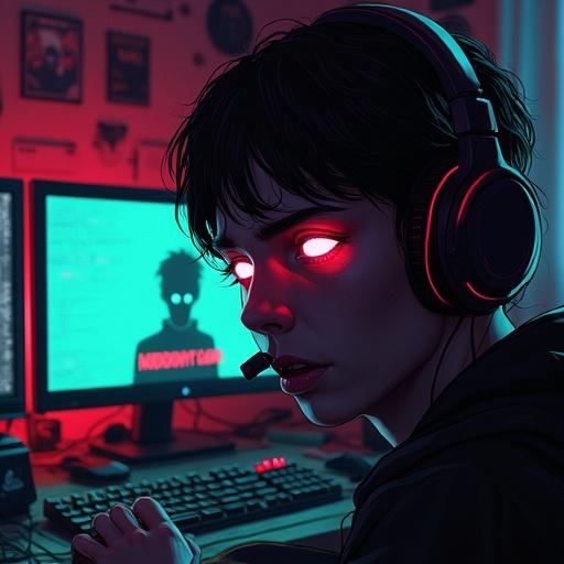 A digital illustration of a terrified Twitch streamer with headset illuminated by the screen glow. Shadowy figure reflected in pupils. Dark bedroom environment with RGB lights and corrupted game screen displaying distorted text MIDNGHT GAME. Style is cyberpunk horror with sharp details. Harsh backlighting creates an ominous mood.