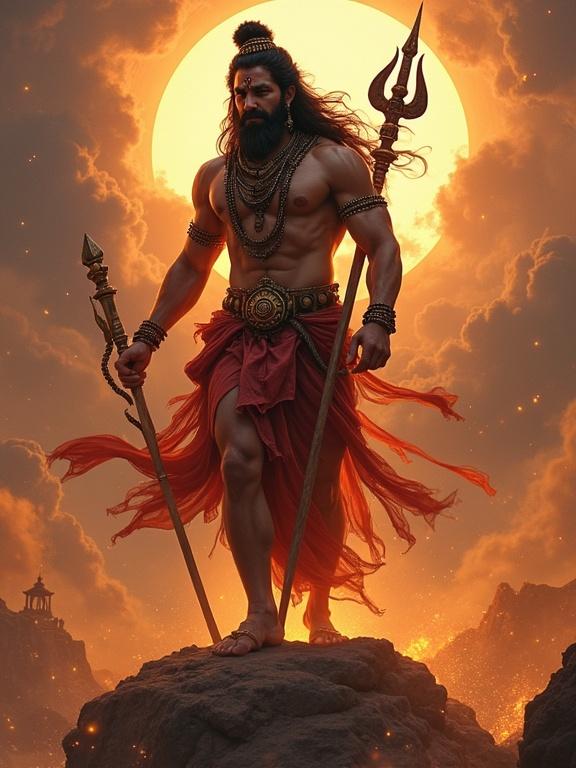 A muscular deity standing on a rock with a trident and mace. The background features a large glowing sun and dramatic clouds. The figure is adorned with jewelry and has long hair flowing.