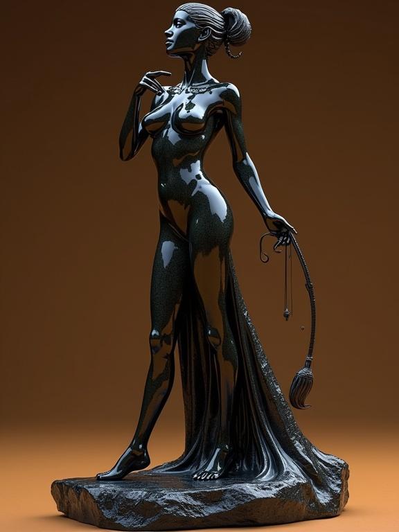 3D representation of an elegant female figure inspired by Klimt. Statue features intricate details and elegant pose. Set on a dramatic black lava base.
